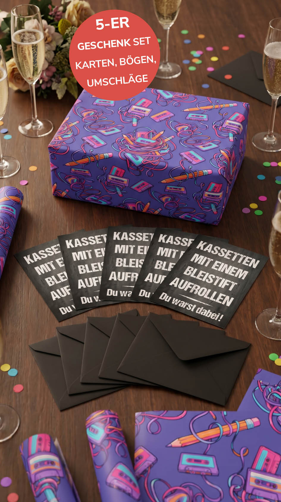 Retro Geschenkpapier 5er Set Kassette Mixtape, Geschenkverpackung DIN A2, Geburtstags Karte inkl. Umschlägen